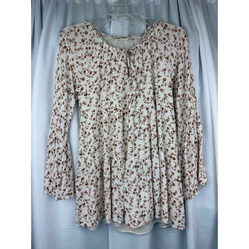 Altard State Women Brown Floral Tiered Tunic Dress Babydoll Top Bell Sleeve M